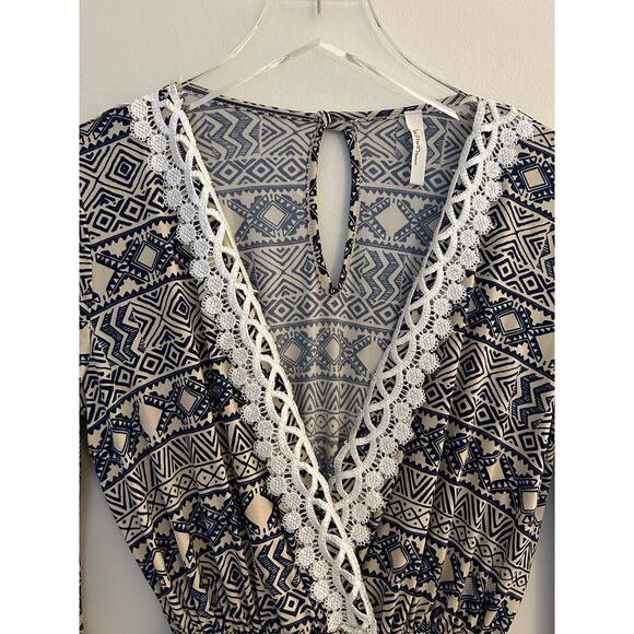 Navy Blue and Tan Tribal Print Lace Romper Size Small - Picture 5 of 7